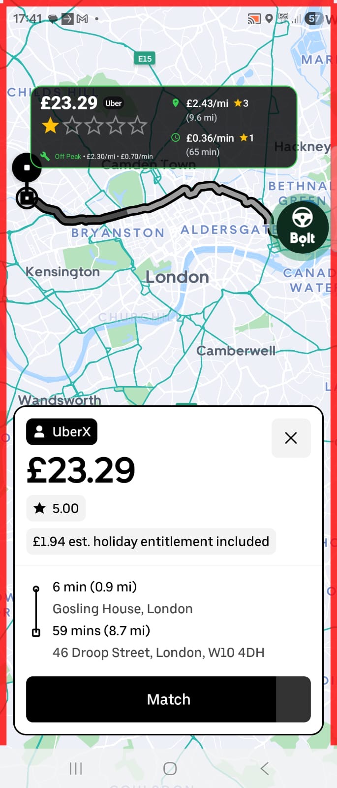 RideInsight overlay on an Uber offer: £23.29, rated one star out of five, £2.43 per mile at three stars and £0.36 per minute at one star.