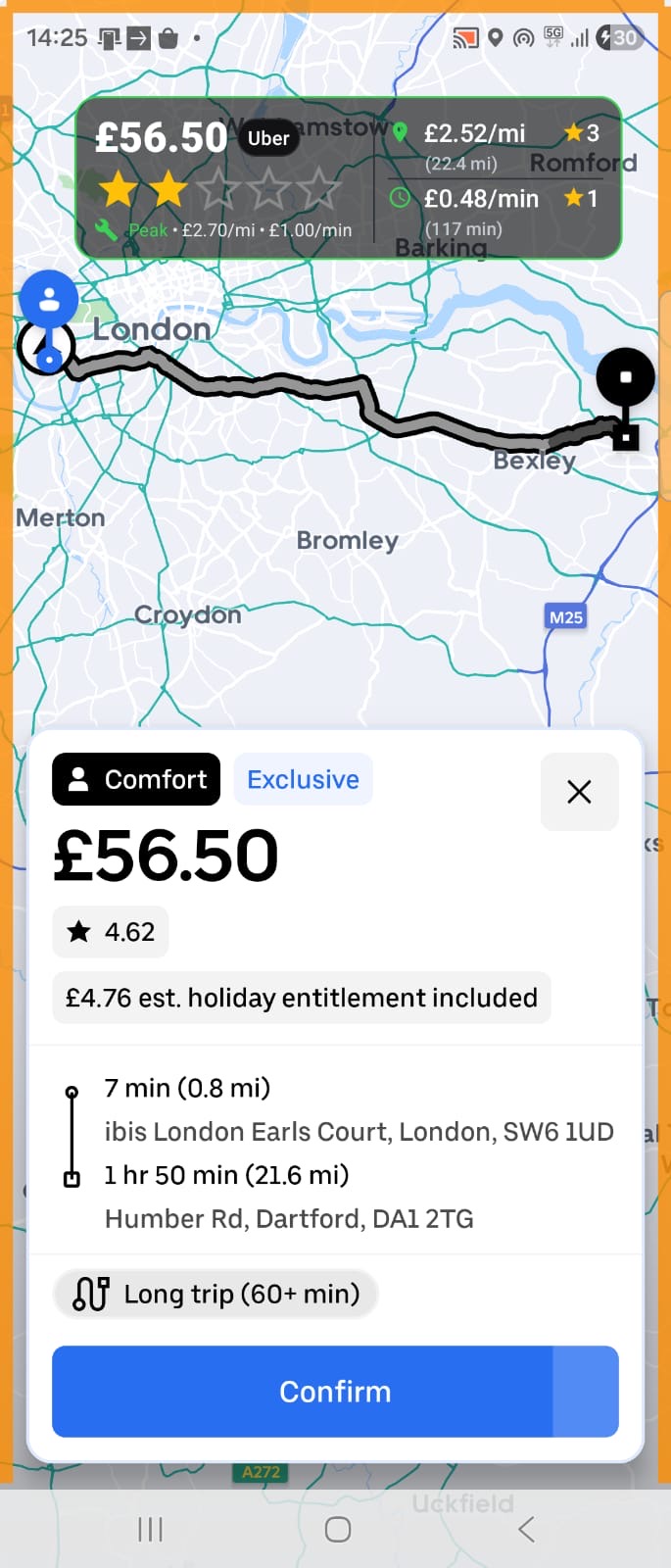 RideInsight overlay on an Uber offer: £56.50, rated two stars out of five, £2.52 per mile at three stars and £0.48 per minute at one star.